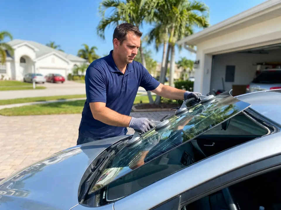 Technician removing a damaged windshield in Clearwater, FL