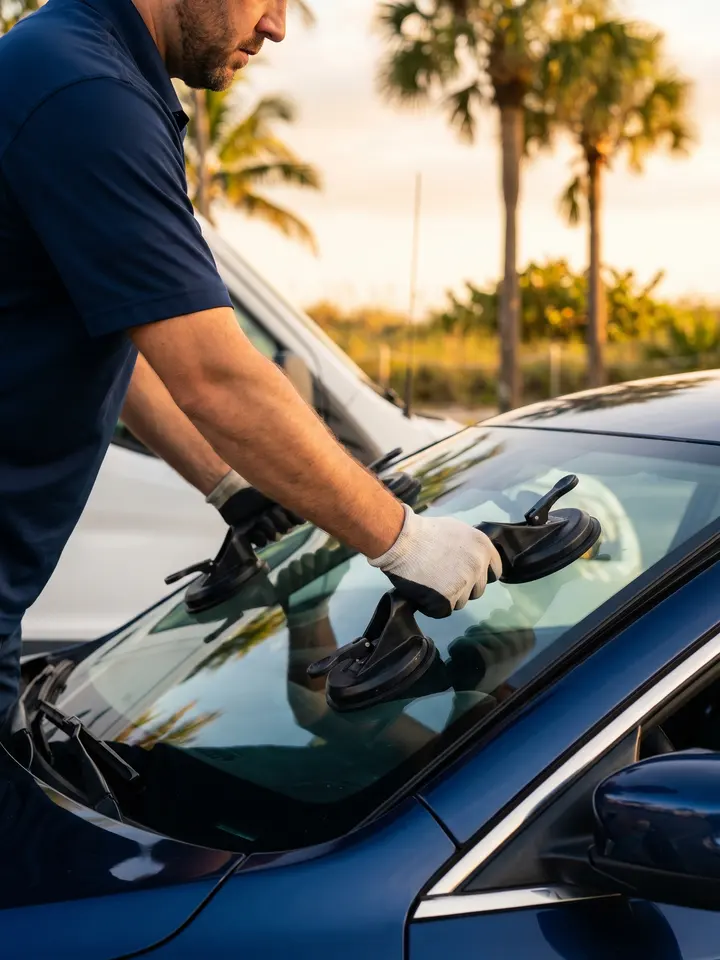 Mobile auto glass technician replacing a windshield in Hollywood, FL