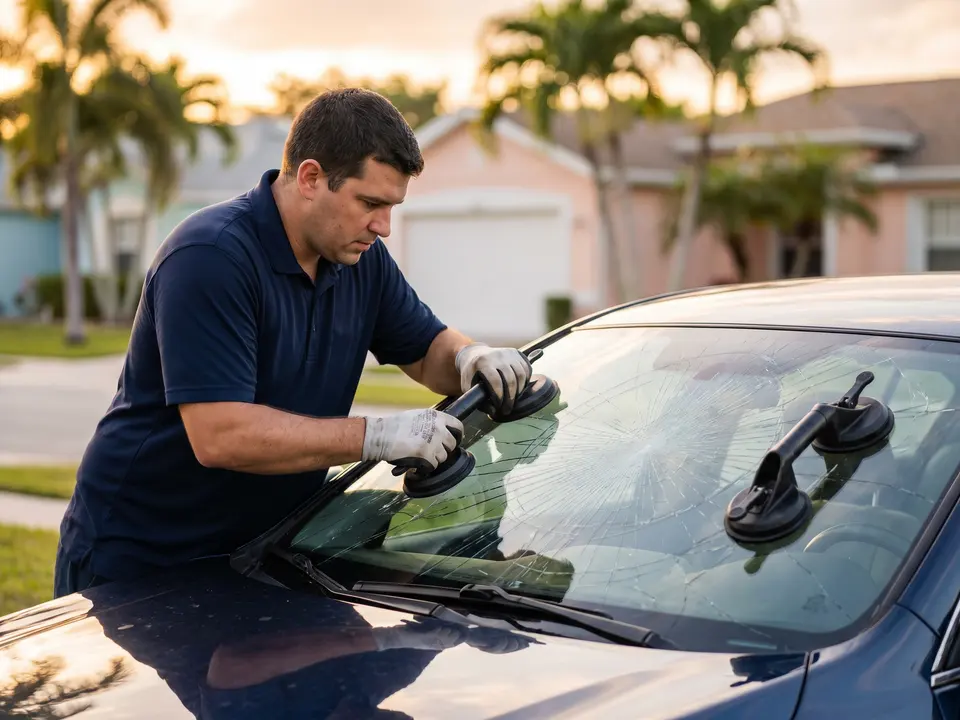 Technician removing a damaged windshield in Hollywood, FL